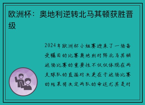 欧洲杯：奥地利逆转北马其顿获胜晋级